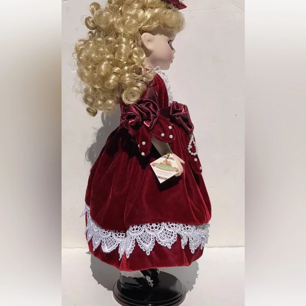 Porcelain Dolls Collectible by Melissa Jane Wooden Stand in Red Dress Blue Eyes - Picture 5 of 9